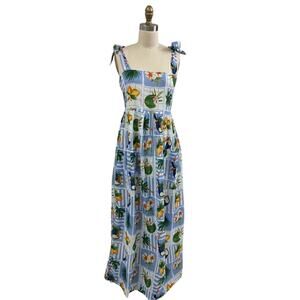 True Destinations Resort Wear Cotton Maxi Dress Tropical Print Tie Shoulder M